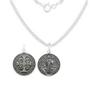 Only faith Collier avec médaille de Saint Benoît en argent sterling 925, collier de 45 cm, médaille de 1,5 cm et 2 cm, double face avec croix de pouvoir., Pequeño, Argent, Il ne s'agit pas d'une