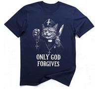 Only God Forgives Dark Humor Priest Cat Gothic Shirt (M, Navy)