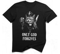 Only God Forgives Gothic Meme Cat Priest T-Shirt (3XL, Black)