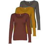 ONLY Lot de 3 t-shirts basiques à manches longues d'été pour femme, noir et blanc, 95 % coton, tailles XS, S, M, L, XL, 15209156, L