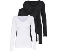 ONLY Lot de 3 t-shirts basiques à manches longues d'été pour femme, noir et blanc, 95 % coton, tailles XS, S, M, L, XL, 15209156, M