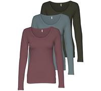 ONLY Lot de 3 t-shirts basiques à manches longues d'été pour femme, noir et blanc, 95 % coton, tailles XS, S, M, L, XL, 15209156, S