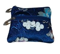 Only My Live Home Lot de 2 sacs à main mignons avec nœud chinois à deux fermetures éclair pour bracelets, colliers, sacs de rangement en brocart de soie pour voyage, Bleu foncé (2 pièces motif