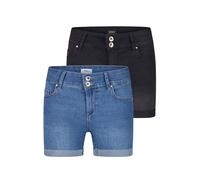 ONLY ONLCARMEN Lot de 2 shorts en jean stretch pour femme - Coupe skinny - Taille moyenne - Basique - Bleu - Noir - Tailles S, M, L, XL, XXL, Bleu clair denim / noir délavé (15357005), XL