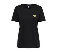 ONLY Women Plain Brand Heart T-Shirt | Basic Shortsleeve Round Neck Top | Unicolored Shirt ONLKITA, Couleurs:Noir, Taille:XS