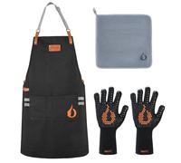 onlyfire 4 Pcs Kit Tablier de Barbecue, Comprenant 1 Tablier de Cuisine Homme Femme, 1 Paire de Gants Barbecue et 1 Chiffon de Nettoyage, Cadeau pour Amateurs de BBQ, Pères ou Amis