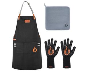 onlyfire 4 Pcs Kit Tablier de Barbecue, Comprenant 1 Tablier de Cuisine Homme Femme, 1 Paire de Gants Barbecue et 1 Chiffon de Nettoyage, Cadeau pour Amateurs de BBQ, Pères ou Amis