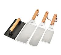 Onlyfire 4 Pièces Ustensiles pour Plancha, Ensemble de Spatule en Acier Inoxydable et Poids du Barbecue en Fonte avec poignée en Bois, Professionnelle BBQ Accessoire Plancha Kit pour Teppanyaki