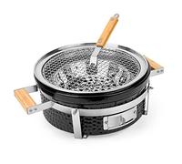 Onlyfire Céramique Barbecue Charbon de Bois, Portable Charbon Barbecue Grill, Ø 35cm, Tabletop Charcoal Grill D'intérieur et D'extérieur avec Poignée en Bois, Grille de cuisson, Camping Grill