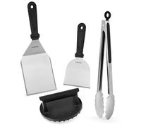 onlyfire Ensemble Spatule Plancha Accessoires Set, Contient Presse à Burger en Fonte, Pince à Grillade et 2 Spatules, Ustensiles Barbecue Kit pour Teppanyaki, Plaque de Barbecue, 4 Pièces