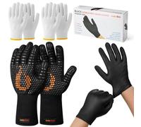 Onlyfire Kit de Gants de Barbecue 3-en-1, 1 Paire de Gants Anti-Chaleur, 100 Gants en Nitrile Noir Alimentaire et 2 Paires de Gants en Coton - Protection pour Grill, Fumage et Manipulation d'Aliments
