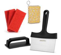 onlyfire Kit de Nettoyage pour Poêle et Plaque en Fonte au Crêpière, Comprenant 1 Grattoir Plancha en INOX Professionnelle, 1 Éponge en Maille INOX pour Fonte, 3 Éponge de Nettoyant et 1 Poignée Fixe