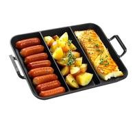 Onlyfire Poêles Gril avec Poignée, Rectangulaire Poêle en Fonte 41.6×31.5 cm avec 3 Compartiments pour Cuisine, Accessoires pour Barbecue à Gaz, Four, Charbon, Induction, Électrique