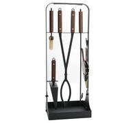 onlyfire Serviteur de Cheminée avec 5 Outils et Support | Pince et Tisonnier de 70 cm, Pelle, Balayette et Soufflet, Manches en Bois et Détails en Cuir pour Cheminée et Poêle