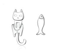 ONLYJUMP Boucles d'oreilles à tige chat et poisson pour femme - Boucles d'oreilles uniques en argent sterling 925 - Motif chat et poisson - Boucles d'oreilles à tige - Bijoux amusants - Cadeau de Noël