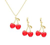 ONLYJUMP Ensemble de boucles d'oreilles 3D en forme de cerise pour femme - Boucles d'oreilles délicates en forme de C - Boucles d'oreilles créoles en forme de cerise rose - Collier amusant et mignon