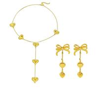 ONLYJUMP Lot de 2 paires de boucles d'oreilles pendantes en forme de cœur avec nœud en ruban plaqué or 14 carats pour femme, Large, Acier allié, Zircone cubique