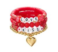 ONLYJUMP Lot de 5 bracelets empilables multicouches en argile avec cœur rouge pour femme - Bracelets extensibles en argile Heishi - Pour l'été, la plage, les vacances, Grand, Acier allié, Pas de