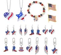 ONLYJUMP Parure de bijoux pour femme du 4 juillet - Drapeau américain unique - Collier à breloques - Bracelets - Boucles d'oreilles - Bague - Broche - Bandeau patriotique - Cadeau commémoratif pour le