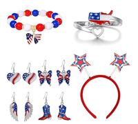 ONLYJUMP Parure de bijoux pour femme du 4 juillet - Drapeau américain unique - Collier à breloques - Bracelets - Boucles d'oreilles - Bague - Broche - Bandeau patriotique - Cadeau commémoratif pour le