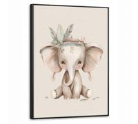 OnlyWow© Impression Sur Toile Avec Cadre En Bois 50x70 cm Tableaux Décoratifs Muraux Deco Chambre Tableau Salon Bohème - Éléphant - Robe indienne - Enfants - Animaux