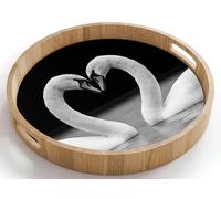 OnlyWow© Plateau Bois Plateaux Service Decoratif Table Dejeuner Résistant | 40x40 cm - Rond - Aux Rayures Cafe Deco Chene Avec Poignée Déjeuner Cygnes - Coeur - Noir - Blanc