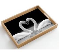 OnlyWow© Plateau Bois Plateaux Service Decoratif Table Dejeuner Résistant | 50x35 cm - Rectangulaire - Aux Rayures Cafe Deco Chene Déjeuner Cygnes - Coeur - Noir - Blanc