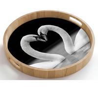 OnlyWow© Plateau Bois Plateaux Service Decoratif Table Dejeuner Résistant | 50x50 cm - Rond - Aux Rayures Cafe Deco Chene Avec Poignée Déjeuner Cygnes - Coeur - Noir - Blanc