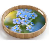 OnlyWow© Plateau Bois Rond 40x40 cm Plateaux Service Decoratif Table Dejeuner Résistant Aux Rayures Cafe Deco Chene Avec Poignée Déjeuner Fleurs - Bleu - Ne m'oubliez pas