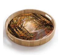 OnlyWow© Plateau Bois Rond 40x40 cm Plateaux Service Decoratif Table Dejeuner Résistant Aux Rayures Cafe Deco Chene Avec Poignée Déjeuner Chemin forestier - Forêt d'automne - Feuilles - Orange