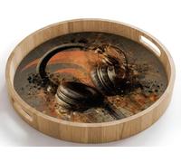 OnlyWow© Plateau Bois Rond 40x40 cm Plateaux Service Decoratif Table Dejeuner Résistant Aux Rayures Cafe Deco Chene Avec Poignée Déjeuner Ecouteurs - Marron - Peinture - Vintage