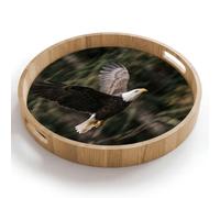 OnlyWow© Plateau Bois Rond 40x40 cm Plateaux Service Decoratif Table Dejeuner Résistant Aux Rayures Cafe Deco Chene Avec Poignée Déjeuner Pygargue à tête blanche - Vol - Forêt - Nature
