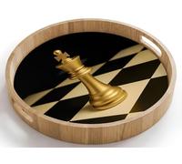 OnlyWow© Plateau Bois Rond 40x40 cm Plateaux Service Decoratif Table Dejeuner Résistant Aux Rayures Cafe Deco Chene Avec Poignée Déjeuner Pièce d'échecs - Roi - Échiquier - Bloqué