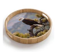 OnlyWow© Plateau Bois Rond 40x40 cm Plateaux Service Decoratif Table Dejeuner Résistant Aux Rayures Cafe Deco Chene Avec Poignée Déjeuner Pygargue à tête blanche - Arbre - Montagne - Vert