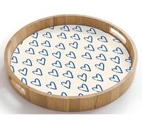 OnlyWow© Plateau Bois Rond 40x40 cm Plateaux Service Decoratif Table Dejeuner Résistant Aux Rayures Cafe Deco Chene Avec Poignée Déjeuner Motif de cœur - Bleu - Beige - Amour