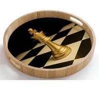 OnlyWow© Plateau Bois Rond 50x50 cm Plateaux Service Decoratif Table Dejeuner Résistant Aux Rayures Cafe Deco Chene Avec Poignée Déjeuner Pièce d'échecs - Roi - Échiquier - Bloqué