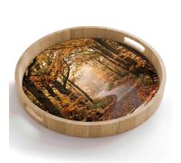 OnlyWow© Plateau Bois Rond 50x50 cm Plateaux Service Decoratif Table Dejeuner Résistant Aux Rayures Cafe Deco Chene Avec Poignée Déjeuner Chemin forestier - Forêt d'automne - Feuilles - Orange