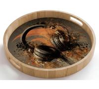 OnlyWow© Plateau Bois Rond 50x50 cm Plateaux Service Decoratif Table Dejeuner Résistant Aux Rayures Cafe Deco Chene Avec Poignée Déjeuner Ecouteurs - Marron - Peinture - Vintage