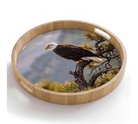 OnlyWow© Plateau Bois Rond 50x50 cm Plateaux Service Decoratif Table Dejeuner Résistant Aux Rayures Cafe Deco Chene Avec Poignée Déjeuner Pygargue à tête blanche - Arbre - Montagne - Vert