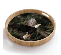 OnlyWow© Plateau Bois Rond 50x50 cm Plateaux Service Decoratif Table Dejeuner Résistant Aux Rayures Cafe Deco Chene Avec Poignée Déjeuner Pygargue à tête blanche - Vol - Forêt - Nature