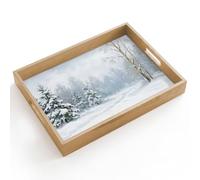 OnlyWow© Plateau De Service Rectangulaire 40x30 cm Plateaux Repas Bois Decoratif Table Dejeuner Résistant à La Chaleur Cafe Chene Poignée Sentier forestier - Pin - Neige - Hiver - Reposant