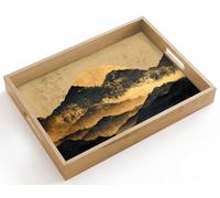OnlyWow© Plateau De Service Rectangulaire 40x30 cm Plateaux Repas Bois Decoratif Table Dejeuner Résistant à La Chaleur Cafe Chene Poignée Montagnes dorées au clair lune