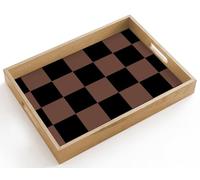 OnlyWow© Plateau De Service Rectangulaire 40x30 cm Plateaux Repas Bois Decoratif Table Dejeuner Résistant à La Chaleur Cafe Chene Poignée Impression échiquier - Marron - Noir - Blocs