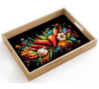 OnlyWow© Plateau De Service Rectangulaire 40x30 cm Plateaux Repas Bois Decoratif Table Dejeuner Résistant à La Chaleur Cafe Chene Poignée Légume - Poivre - Ail - Graffiti - Peinture - Coloré