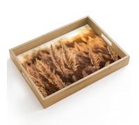 OnlyWow© Plateau De Service Rectangulaire 40x30 cm Plateaux Repas Bois Decoratif Table Dejeuner Résistant à La Chaleur Cafe Chene Poignée Plumes de roseau - Herbe - Coucher de soleil - Or