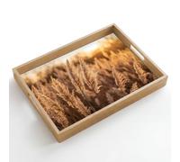 OnlyWow© Plateau De Service Rectangulaire 50x35 cm Plateaux Repas Bois Decoratif Table Dejeuner Résistant à La Chaleur Cafe Chene Poignée Plumes de roseau - Herbe - Coucher de soleil - Or