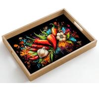 OnlyWow© Plateau De Service Rectangulaire 50x35 cm Plateaux Repas Bois Decoratif Table Dejeuner Résistant à La Chaleur Cafe Chene Poignée Légume - Poivre - Ail - Graffiti - Peinture - Coloré