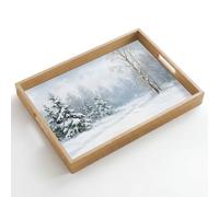 OnlyWow© Plateau De Service Rectangulaire 50x35 cm Plateaux Repas Bois Decoratif Table Dejeuner Résistant à La Chaleur Cafe Chene Poignée Sentier forestier - Pin - Neige - Hiver - Reposant
