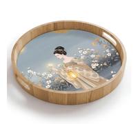 OnlyWow© Plateau De Service Rond 40x40 cm Plateaux Repas Bois Decoratif Table Dejeuner Résistant à La Chaleur Cafe Chene Poignée Déjeuner Asiatique - Femme - Kimono