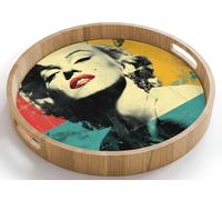OnlyWow© Plateau De Service Rond 40x40 cm Plateaux Repas Bois Decoratif Table Dejeuner Résistant à La Chaleur Cafe Chene Poignée Déjeuner Femme - Lèvres rouges - Couleurs - Style pop art